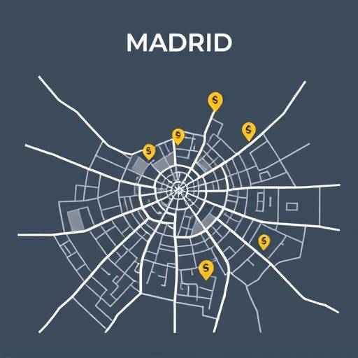 Un plano de la ciudad de Madrid con un icono de finanzas marcando una ubicaci&oacute;n.