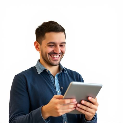 Una persona sonriendo mientras revisa sus finanzas en una tableta, representando el &eacute;xito en la gesti&oacute;n del presupuesto.